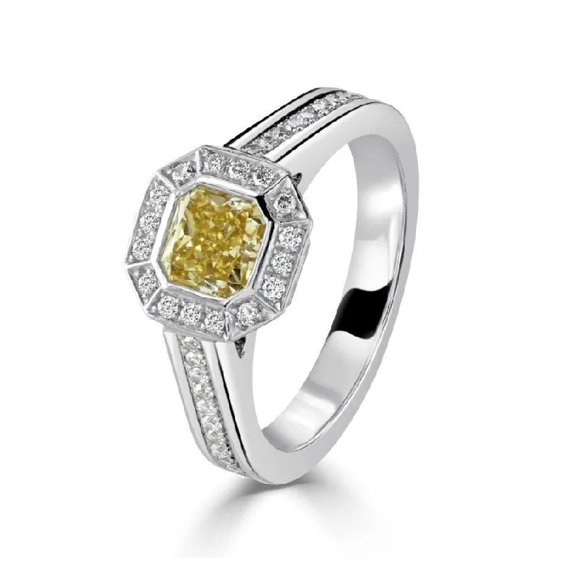 Platinum Asscher Cut Fancy Yellow Diamond & Diamond Halo Cluster Ring with Diamond Shoulders