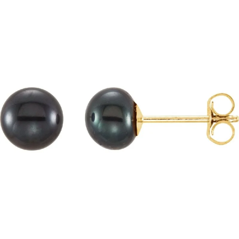 14k Yellow Gold 5-6 mm Black Freshwater Cultured Pearl Stud Earring for Women