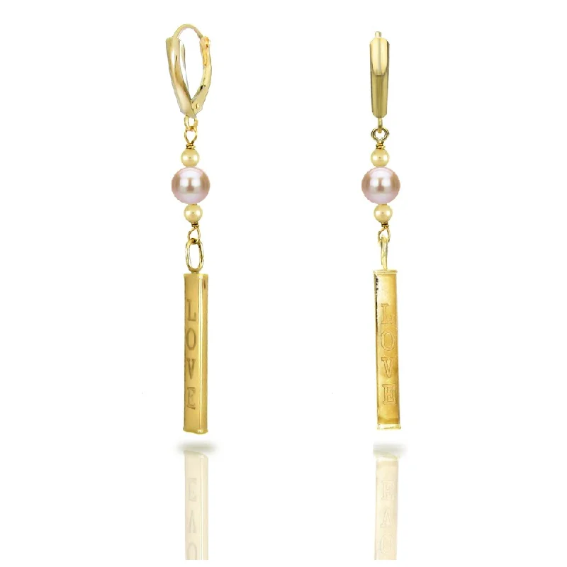 DaVonna 14k Yellow Gold Beads, and Rectangle 'LOVE' Charms with 6-6.5mm Pink Round Freshwater Pearls Lever Backs Dangle Earring