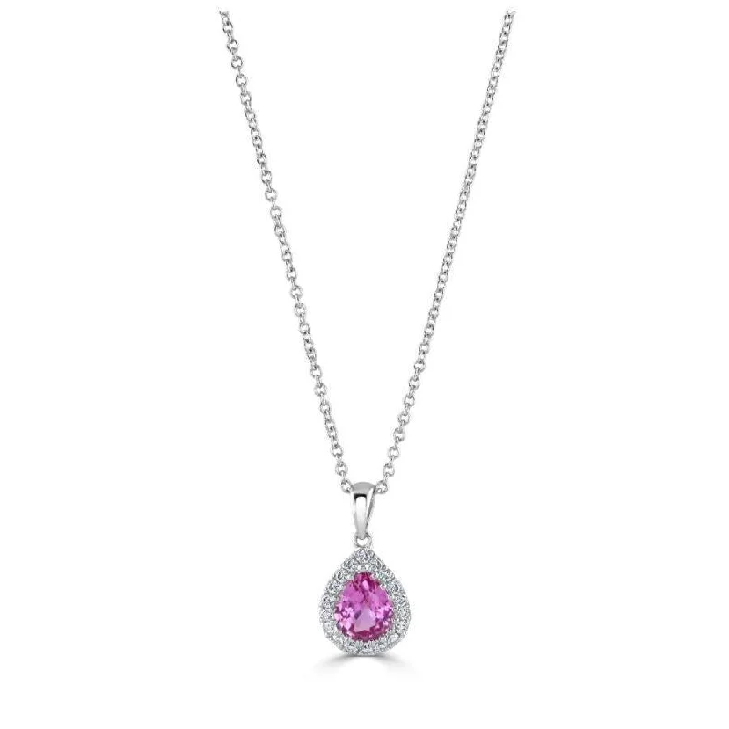 18ct White Gold Pear Cut Pink Sapphire & Diamond Halo Cluster Pendant