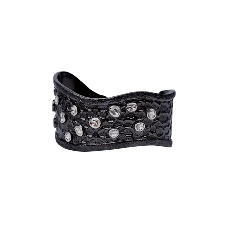 Silver and Black Rhodium Raw Diamond Wide Cuff - 15 Diamonds