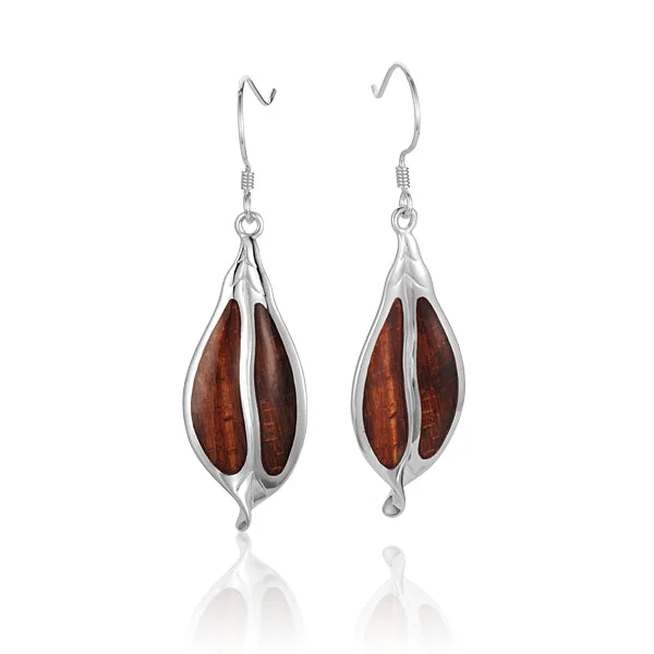 Koa Wood Sterling Silver Maile Leaf Hook Earring