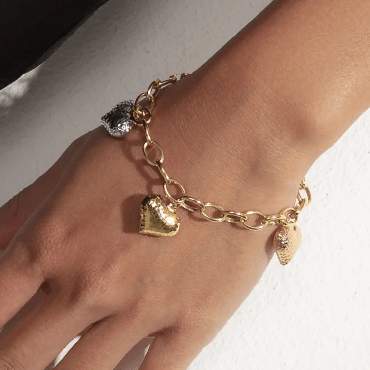 Real Gold 3 Color 4 Heart Charms Dangler Bracelet 0511 BR1313