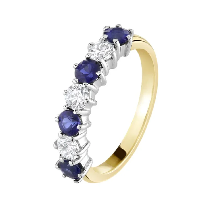 18ct Yellow Gold 7-Stone Sapphire & Diamond Claw Set Ring