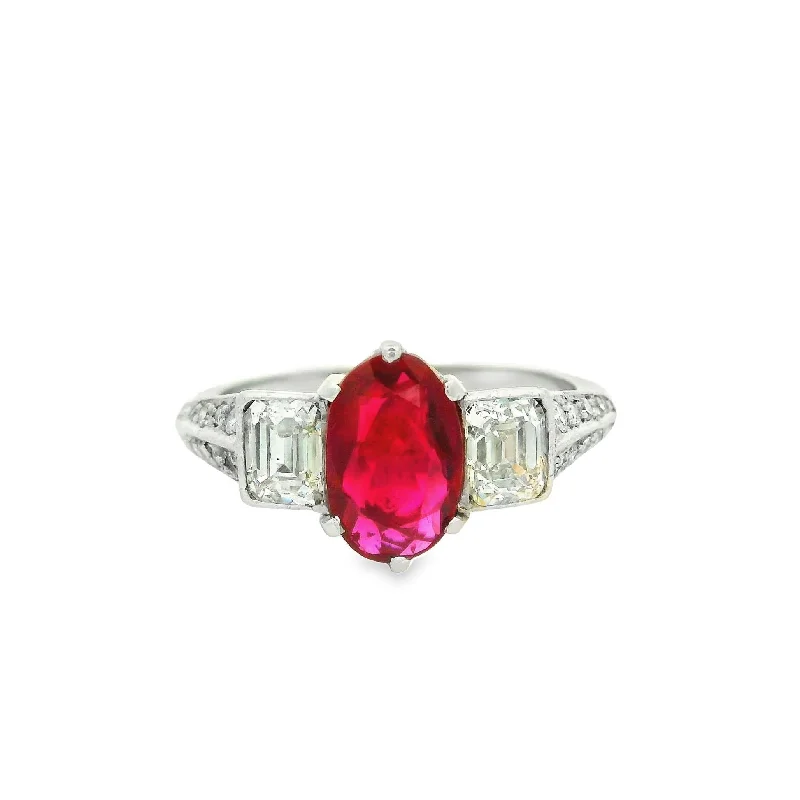 Art Deco No-Heat Burmese Ruby Diamond Platinum Ring, GIA Certified