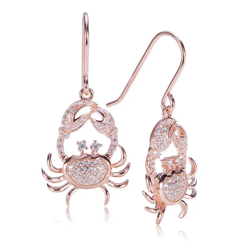 Sterling Silver Pink Gold Plated Pave Cubic Zirconia Moving Crab Hook Earring