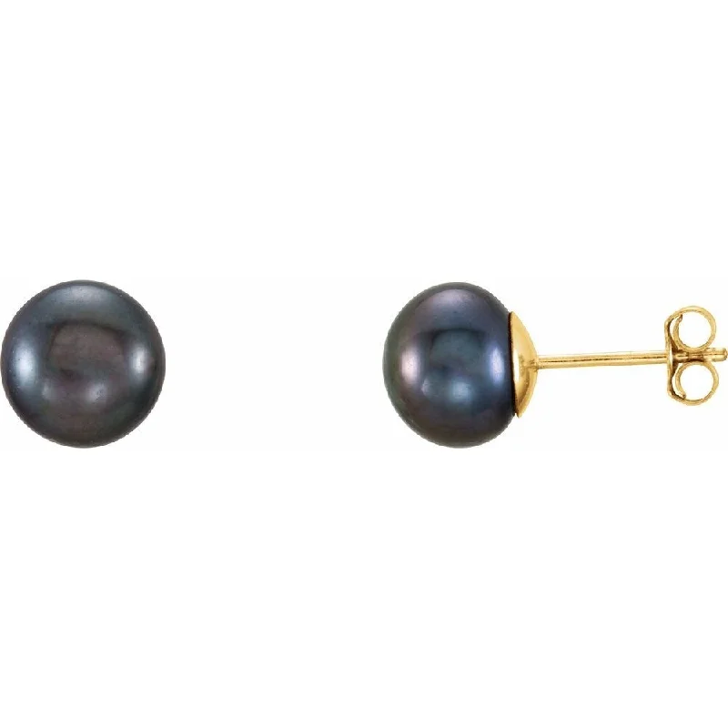 14k Yellow Gold 7-8 mm Black Freshwater Cultured Pearl l Stud Earring for Women