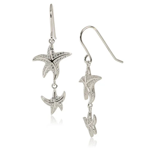 Rhodium Double Starfish Pave CZ Hook Earring