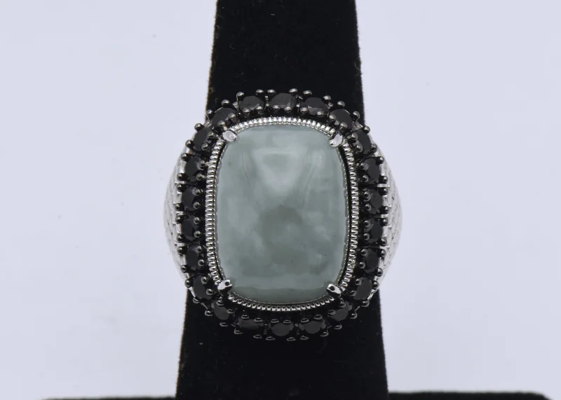 Vintage Sterling Silver Jade and Black Tourmaline Ring - Size 5