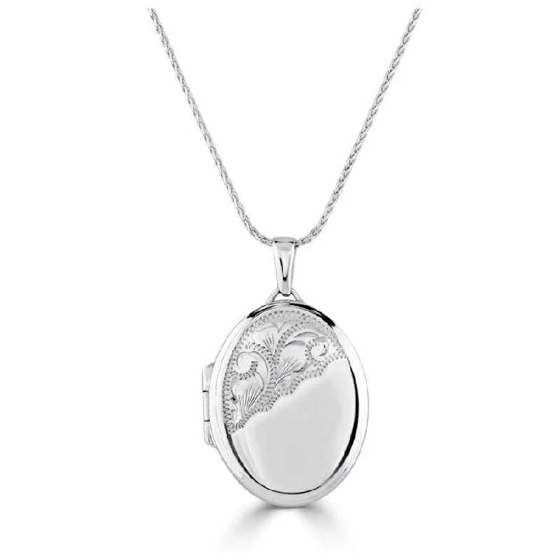 9ct White Gold Half Engraved Oval Locket