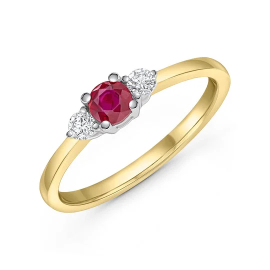 18ct Yellow & White Gold Round Ruby & Diamond Claw Three Stone Ring