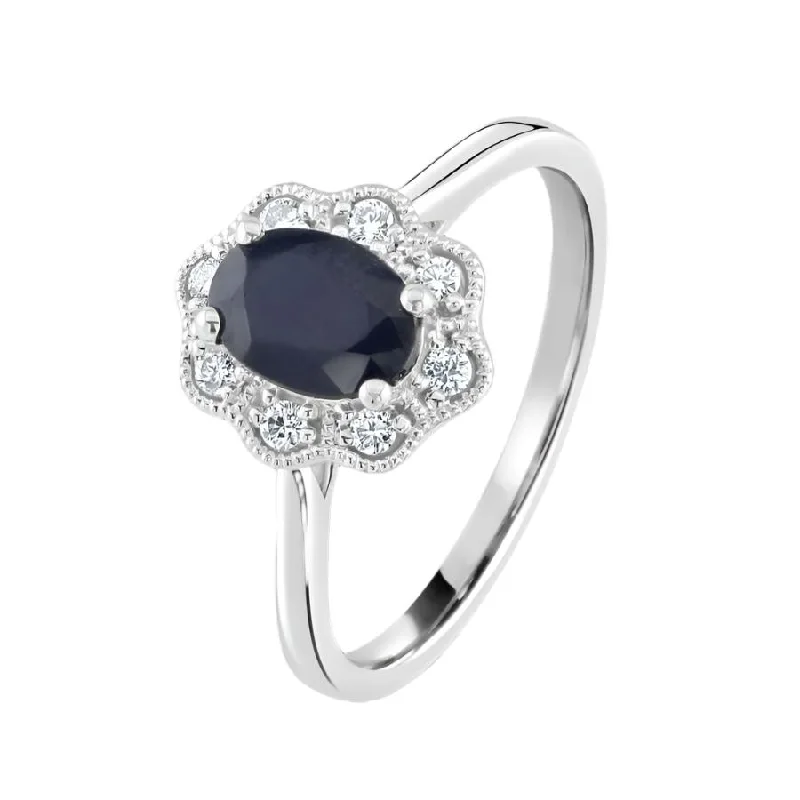 9ct White Gold Oval Cut Sapphire & Diamond Cluster Ring