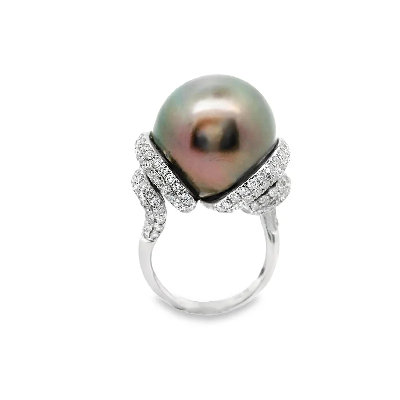 17mm Tahitian Pearl Diamond 18k White Gold Ring