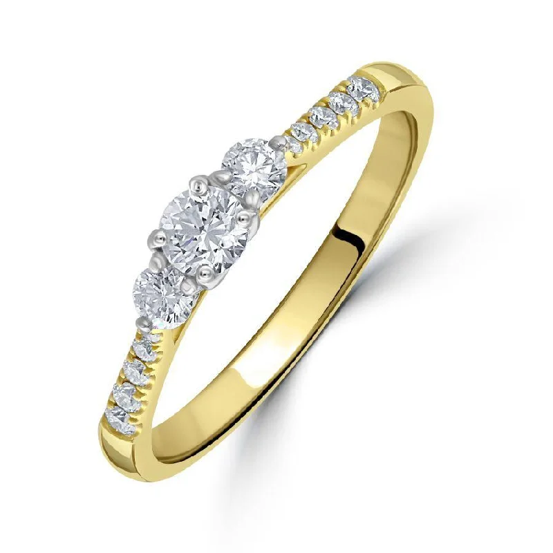 18ct Yellow Gold Round Brilliant Cut Diamond Trilogy Ring with Diamond Shoulders