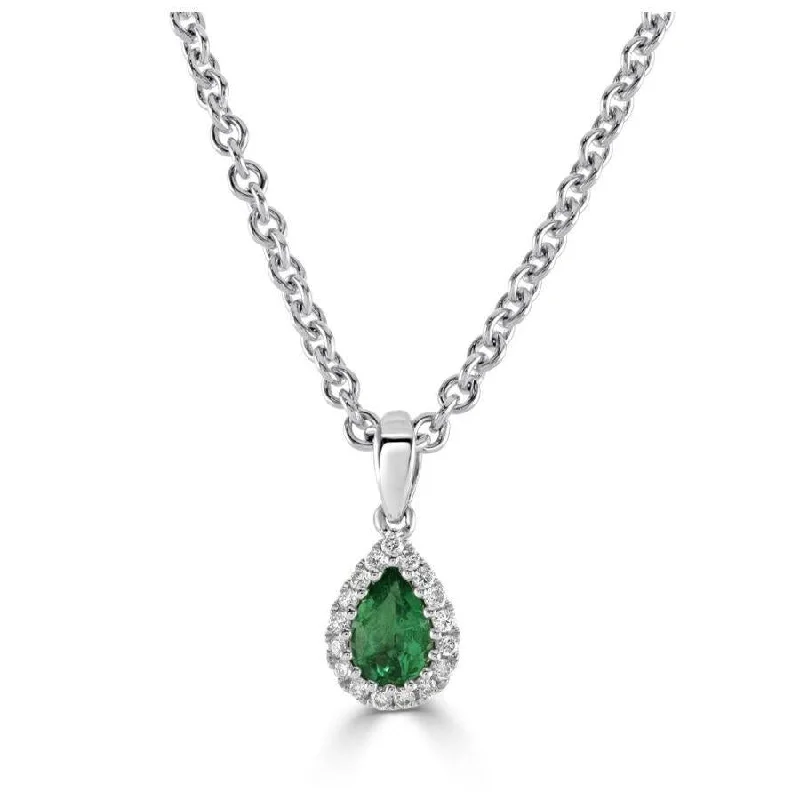 18ct White Gold Pear Cut Emerald & Diamond Halo Cluster Pendant