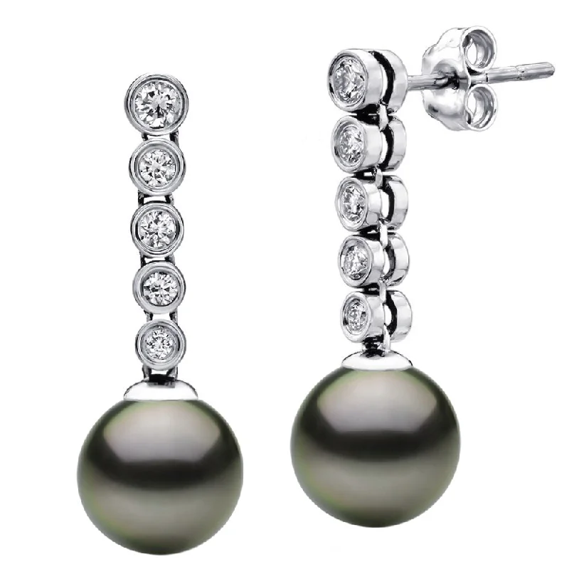 DaVonna 14k White Gold Black Tahitian Pearl and 0.40ct Diamonds Dangle Earring