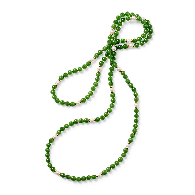 5mm Green Nephrite Jade & Pearl Station Rope Necklace