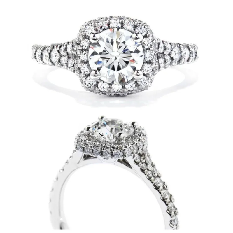 18ct White Gold Acclaim Round Brilliant Cut Diamond Cushion Halo Cluster Ring with Diamond Shoulders