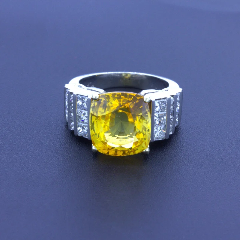 9.41 Carat Yellow Sapphire Diamond Platinum Ring, GIA Certified