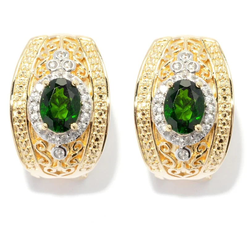 Yellow Gold Over Sterling Silver Chrome Diopside and White Zircon Huggies Earring