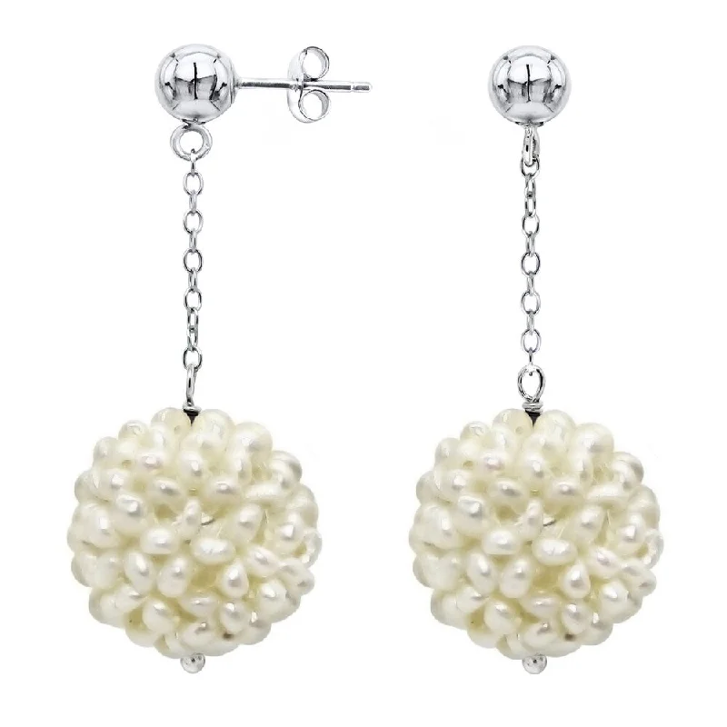 DaVonna Sterling Silver White Freshwater Snow Ball Pearl and Bead Dangle Earring (18-20 mm)