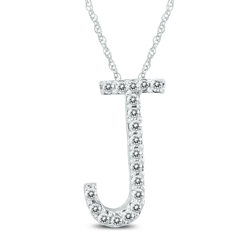 Marquee 1/10 Carat TW J Initial Diamond Pendant Necklace in 10K White Gold with Adjustable Chain