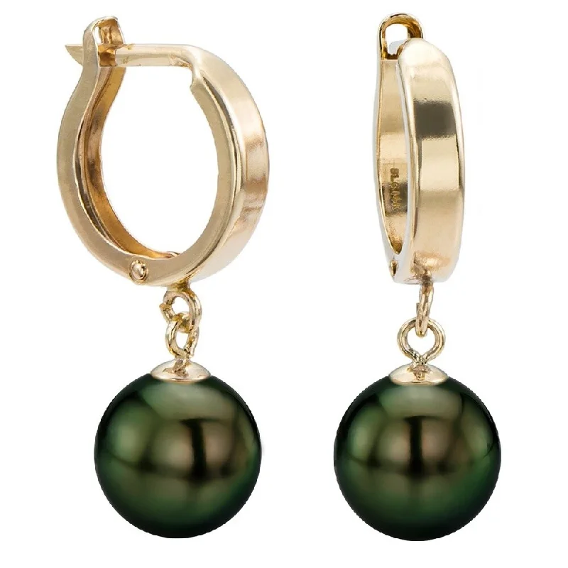 DaVonna 14k Yellow Gold 8-8.5 Hand-picked Round Black Tahitian Cultured High Luster Pearl Dangle Earring