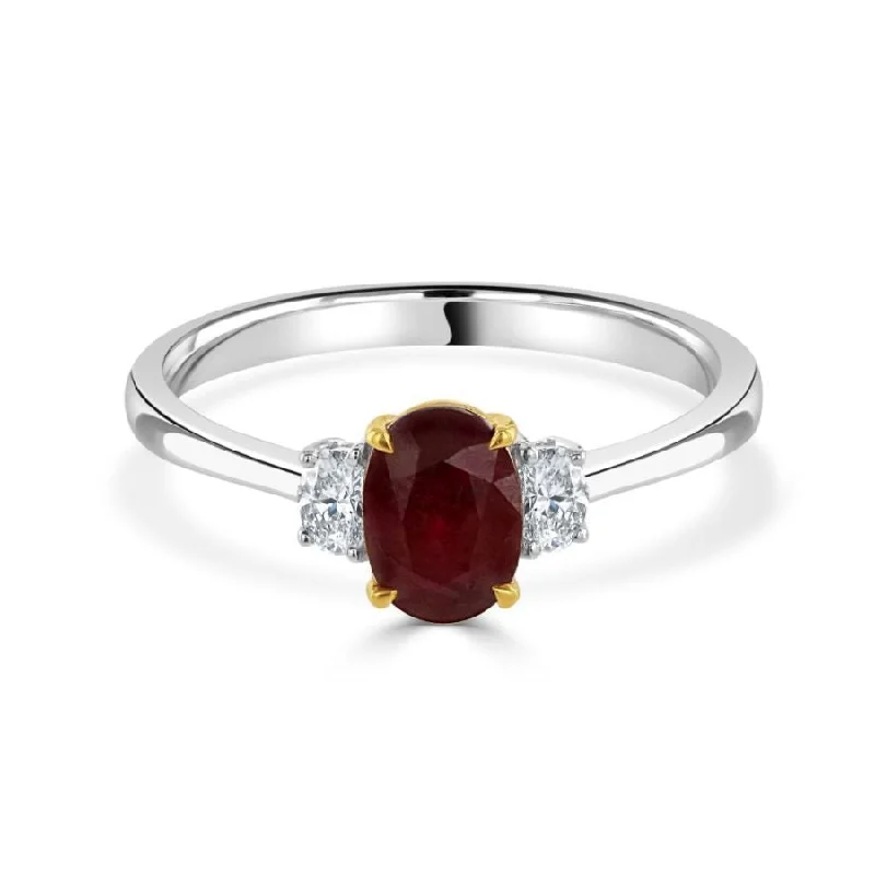 18ct Gold yellow and white gold oval ruby and oval diamond claw set 3 stone ring