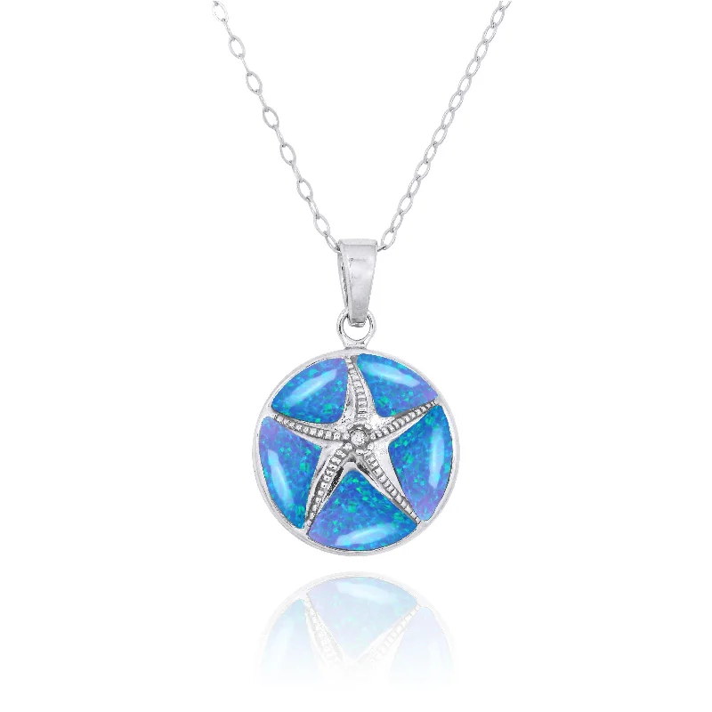 Sterling Silver Starfish with Crystal and Blue Opal Pendant Necklace