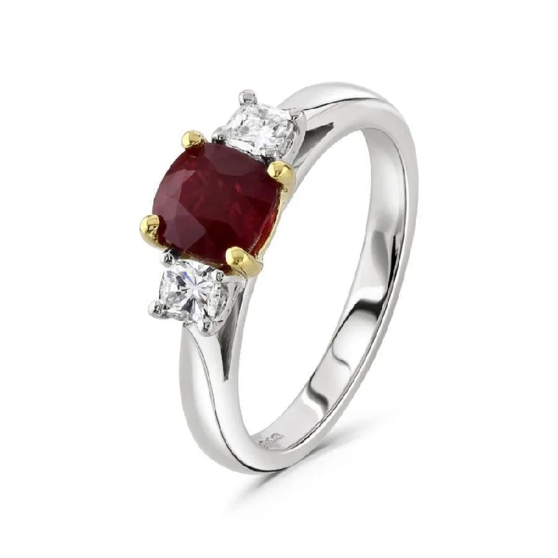 Platinum & 18ct Yellow Gold Cushion Cut Ruby & Round Brilliant Cut Diamond Trilogy Ring