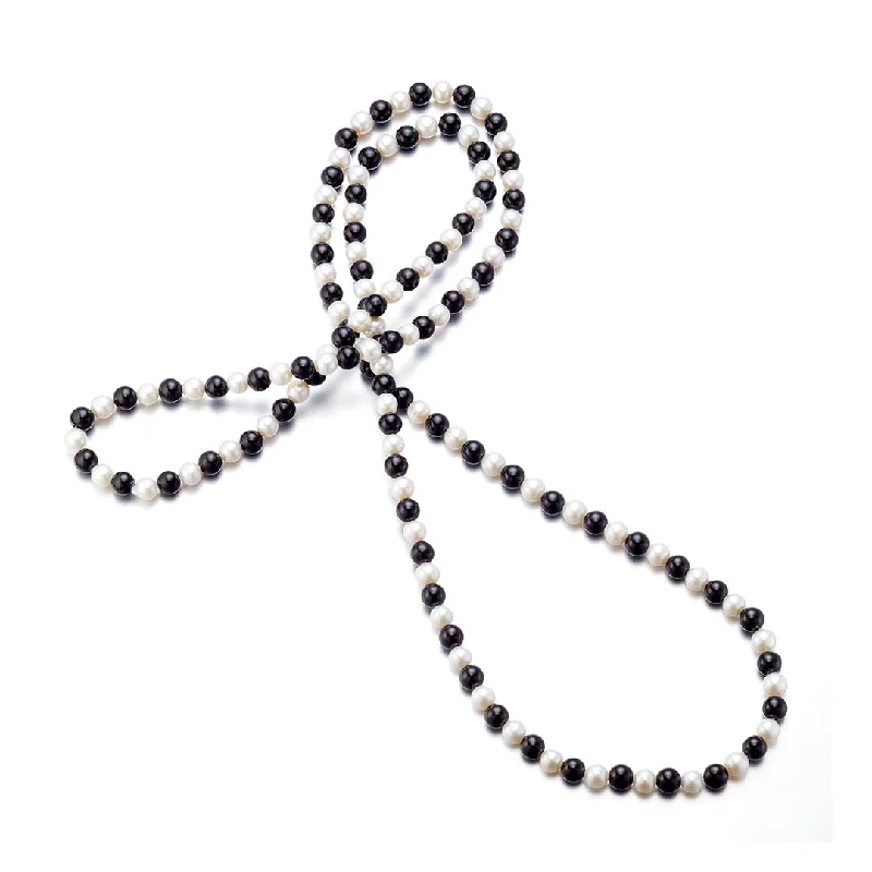 6mm Black Nephrite Jade & White Pearl Rope Necklace