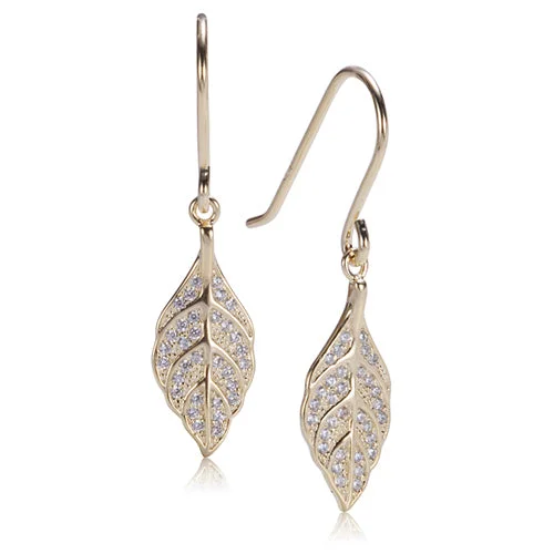 Sterling Silver Yellow Gold Plated Pave Cubic Zirconia Maile Leaf Hook Earring