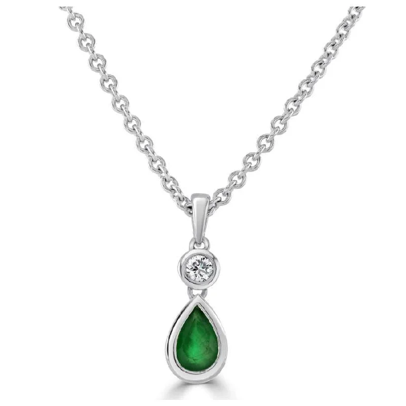 18ct White Gold Rubover Set Pear Cut Emerald & Round Brilliant Cut Diamond Pendant