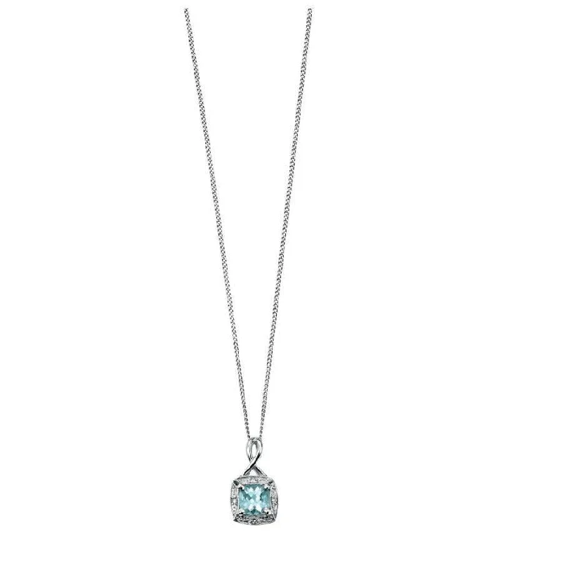 9ct White Gold Aquamarine & Diamond Halo Cluster Pendant