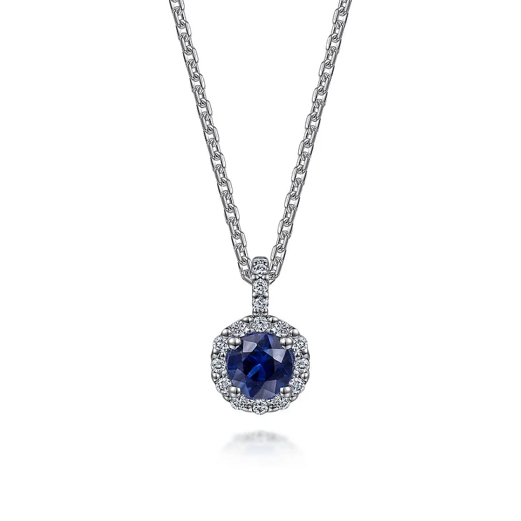 Gabriel & Co.,  Sapphire and Diamond Halo Pendant Necklace