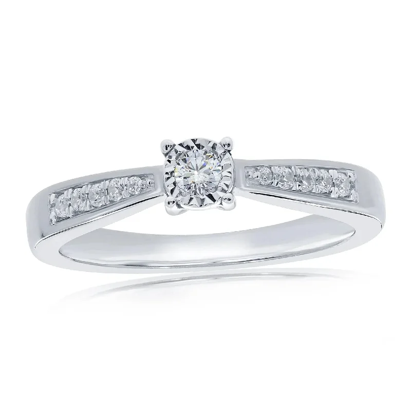 0.10ct Illusion Set Round Brilliant Cut Diamond Solitaire 9ct White Gold Ring with Diamond Shoulders