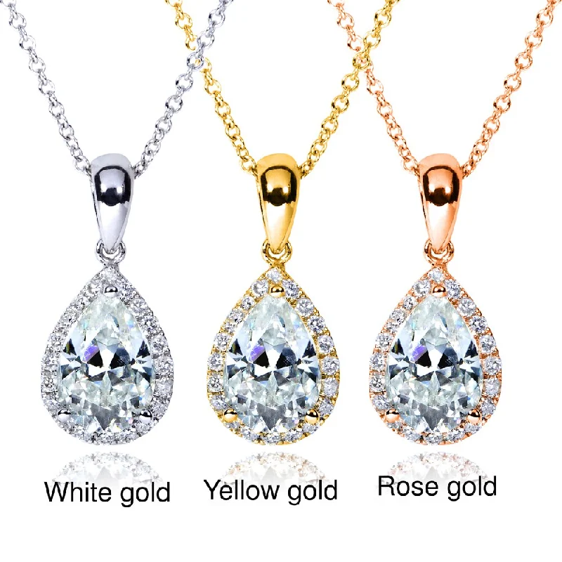 Annello by Kobelli 14k Gold 1 3/5ct TGW Pear Moissanite (GH) and Diamond Halo Necklace (GH/VS, GH/I)