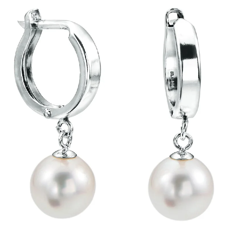 DaVonna 14k White Gold 8-8.5 Round White Freshwater Cultured Pearl Snap-post Dangle Earring