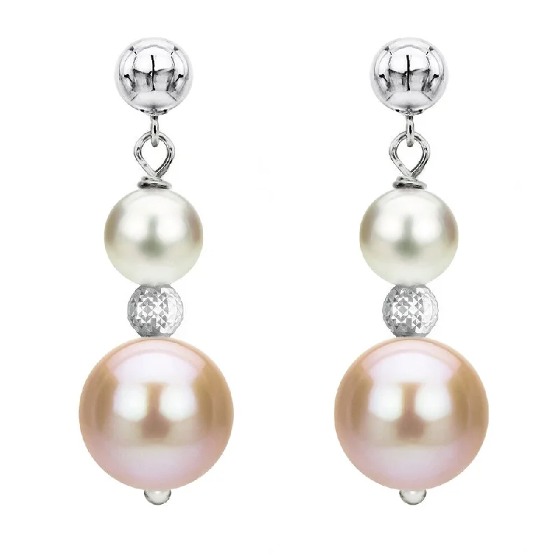 DaVonna Sterling Silver 6-6.5mm and 9-10mm White & Pink Multi Color Freshwater High Luster Pearl Dangle Stud Earring