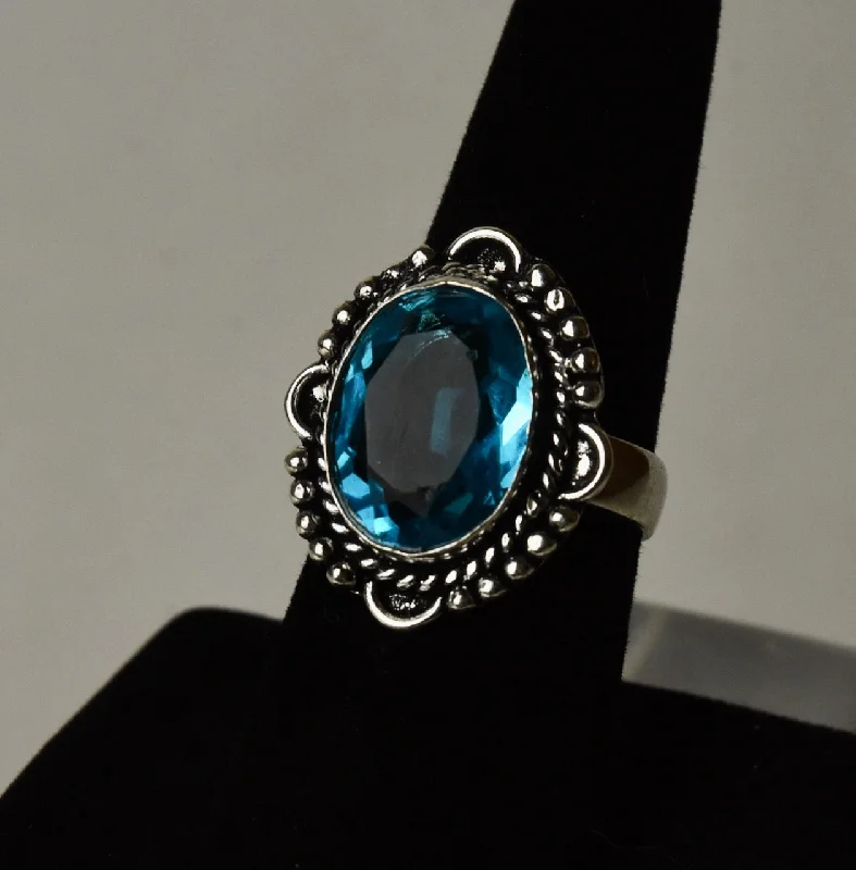 Blue Topaz Silver Tone Metal Ring - Size 7.5