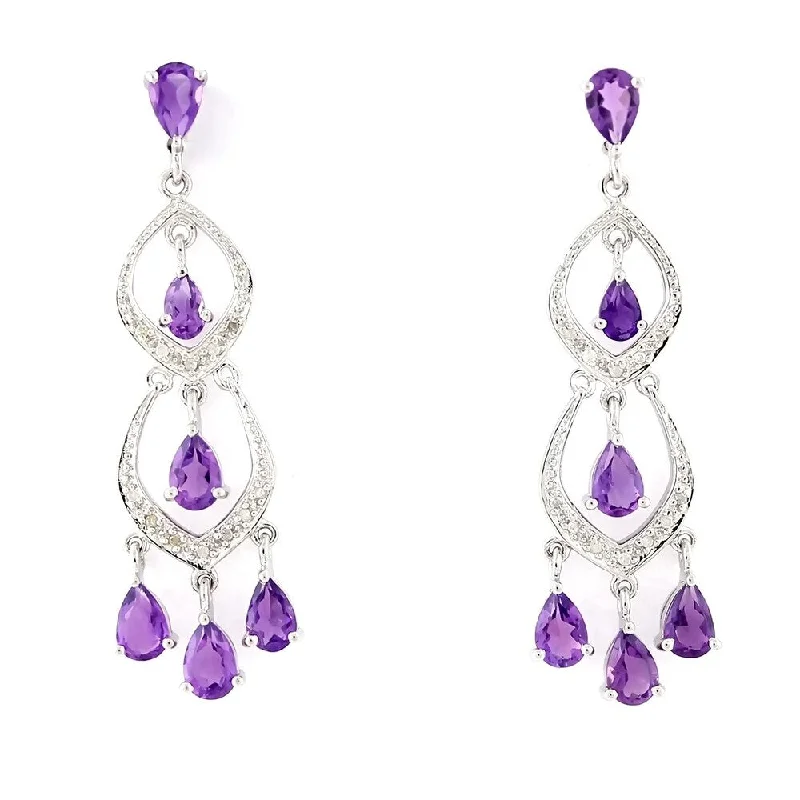 Sterling Silver 4.00ctw African Amethyst & Diamond Chandelier Earring 1.87'L