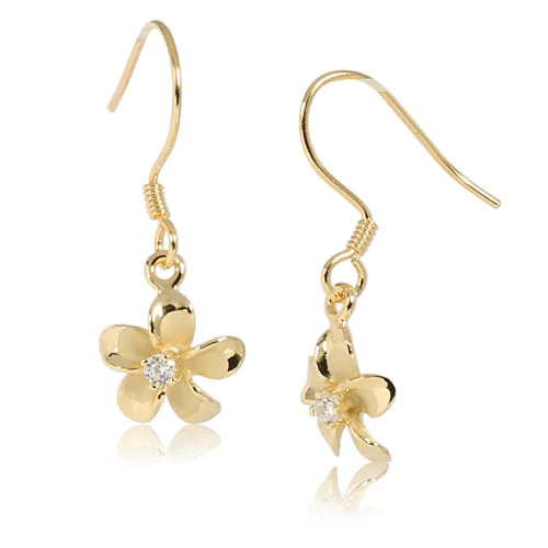 10MM Prong Setting CZ Sterling Silver Plumeria Hook Earring Yellow Gold Plated