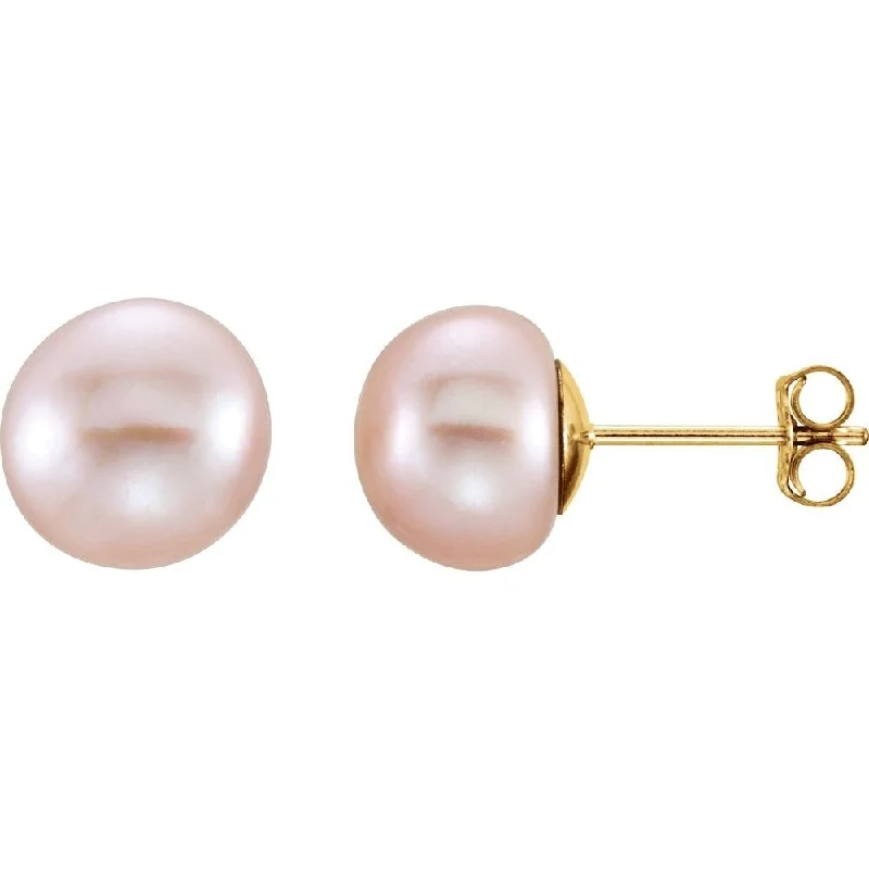 14k Yellow Gold 8-9 mm Pink Freshwater Pearl Stud Earring for Women