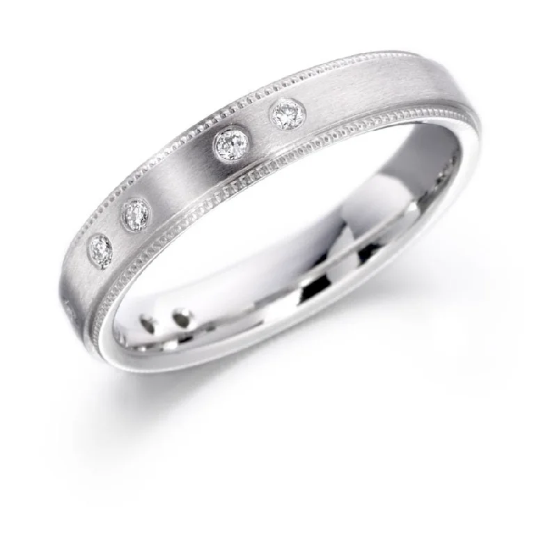 18ct white gold matt & bead edge diamond band