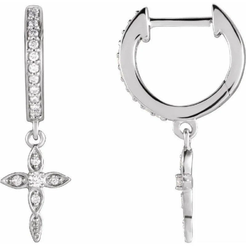 Curata 14k White Gold Diamond Round 1.5mm Hinged Posts Polished 0.13 Carat Diamond Religious Faith Cross Dangle Earring