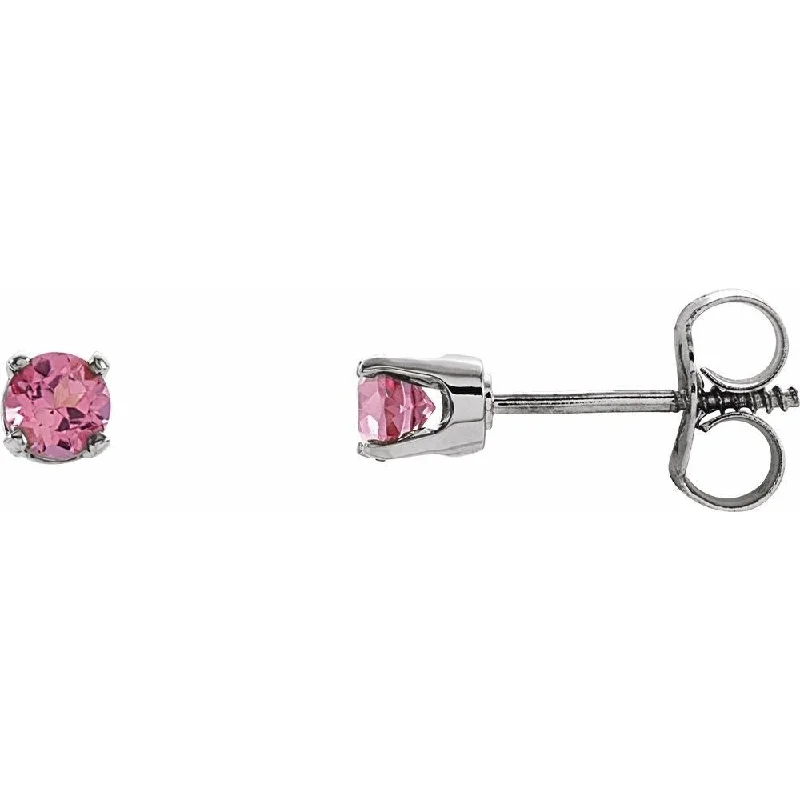 14k White Gold 3 mm Round Imitation Pink Tourmaline Youth Birthstone Stud Earring for Women