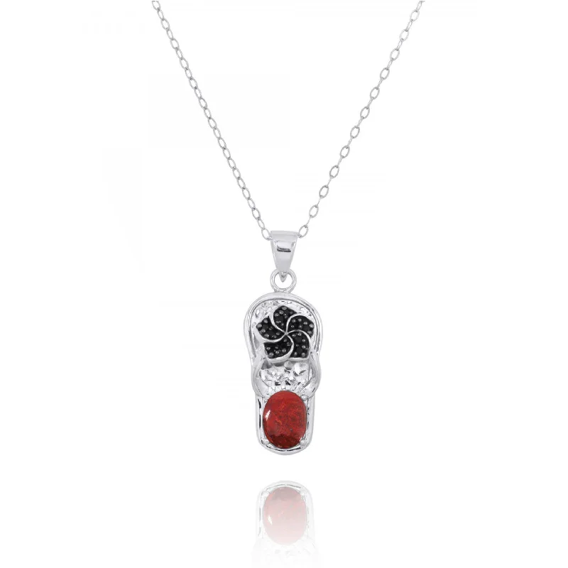 Flip Flop Pendant Necklace with Red Coral and Black Spinel Hibiscus Flower