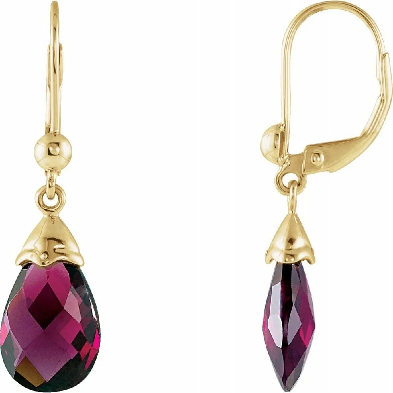 14k Yellow Gold 12x8 mm Briolette Brazilian Garnet Dangle Earring for Women