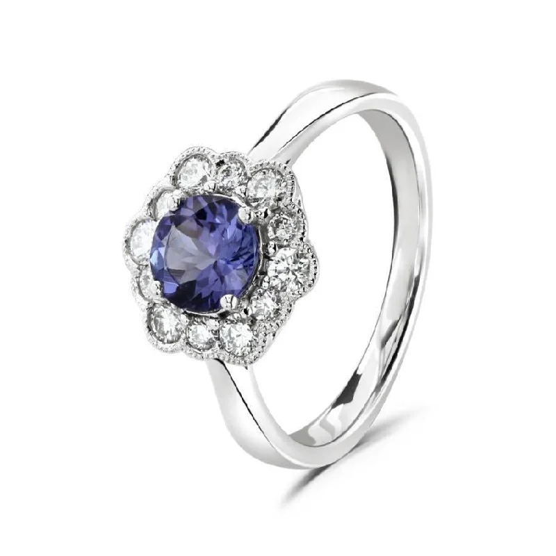 18ct White Gold Round Cut Tanzanite & Diamond Hexagonal Cluster Ring