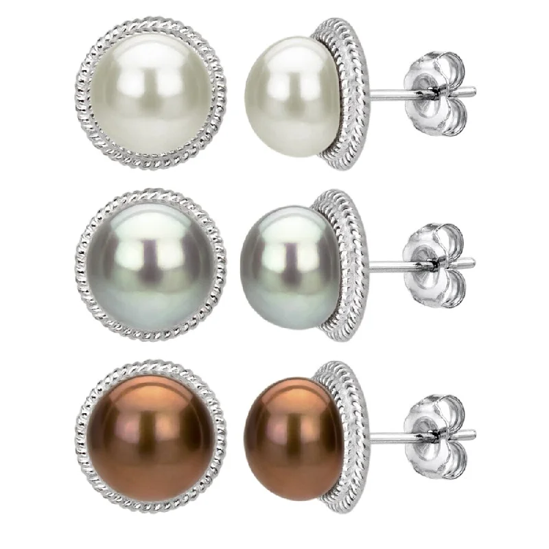 DaVonna Sterling Silver 9-10mm Brown Grey and White Pearl Earring Set